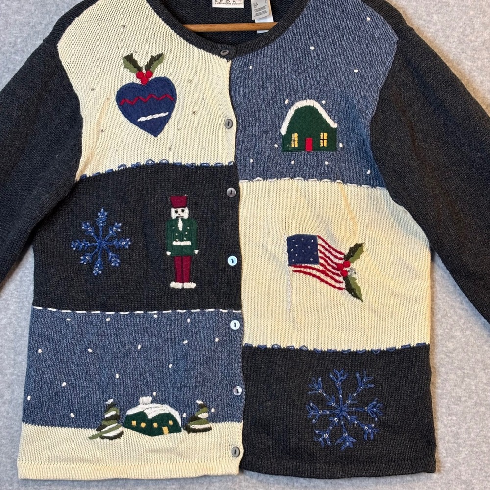 Villager Sport Liz Claiborne Women's L Sweater Patchwork Christmas Nutcracker - Picture 2 of 7